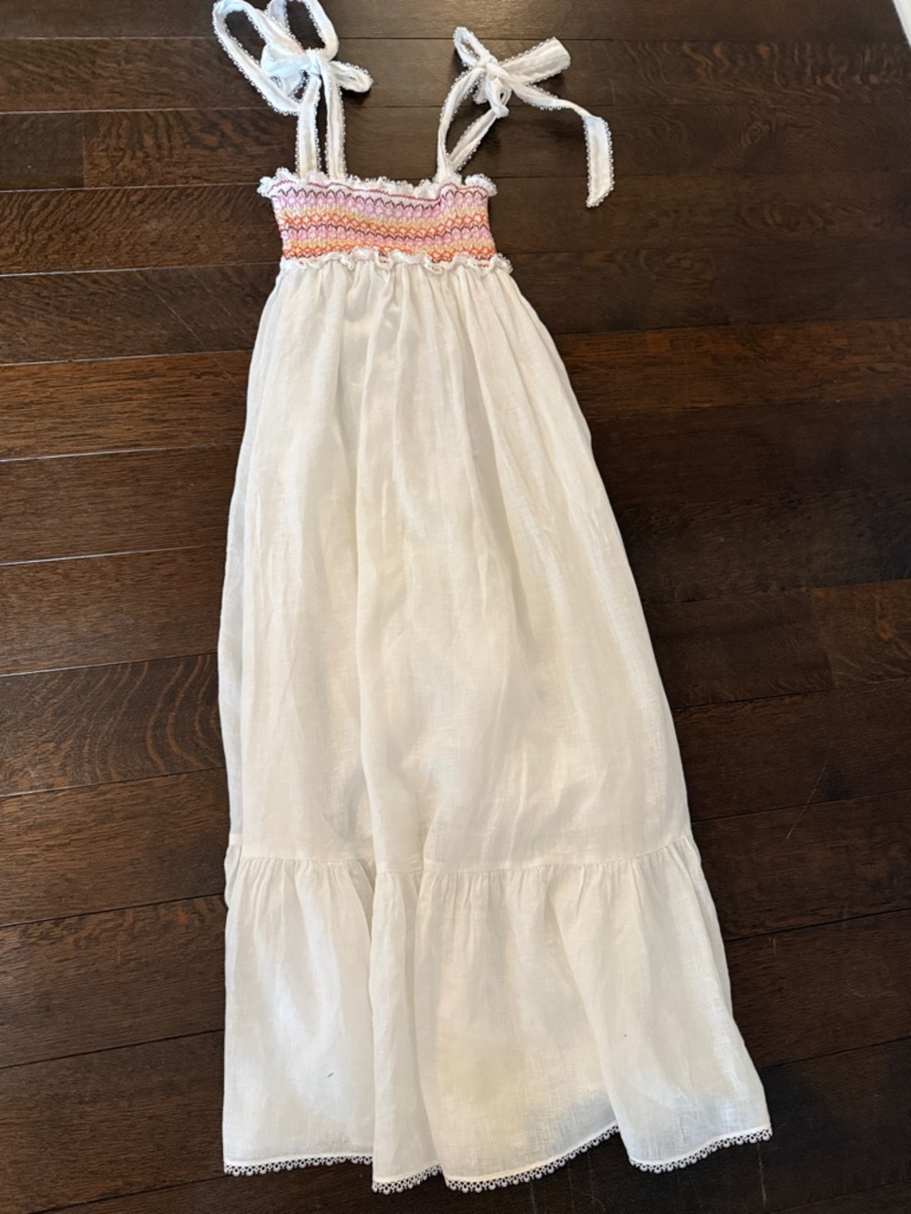 Zimmerman White Maxi Sundress with Pink & Orange Smocked Bodice